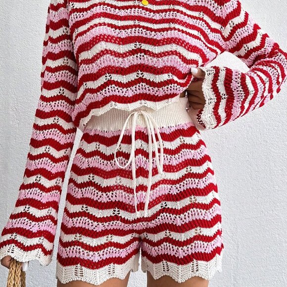 Multicolor Striped Women's Knit Top & Shorts Cover Up Set - Picture 2 of 5